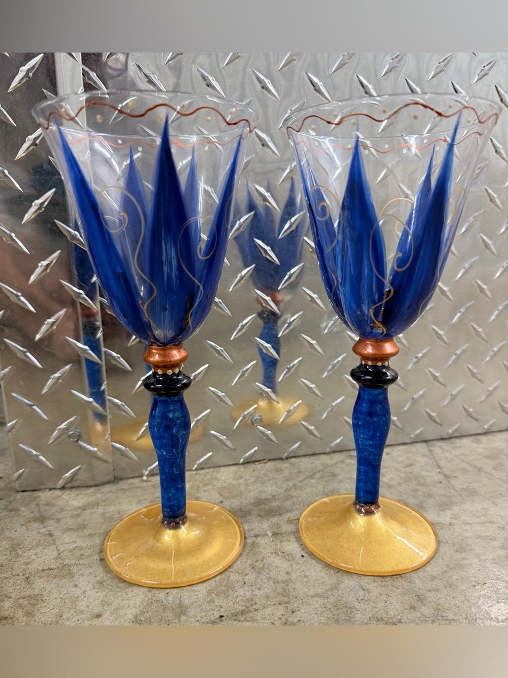 Glass Wine Glasses Hand Blown Studio Art Glass Signed Multicolor Italy Lot Of 2